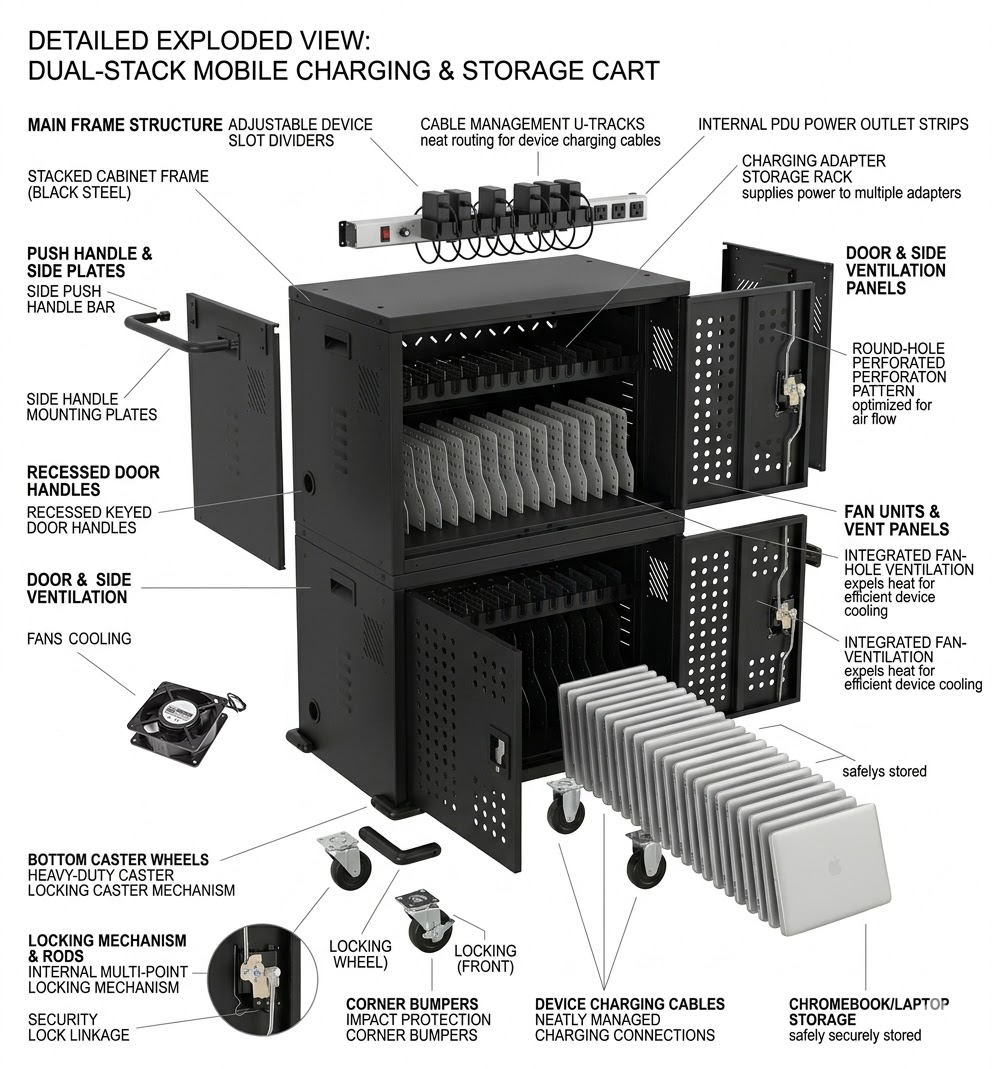 Chariot de chargement à 32 voies pour ordinateurs portables et Chromebooks avec options de chargement intelligent