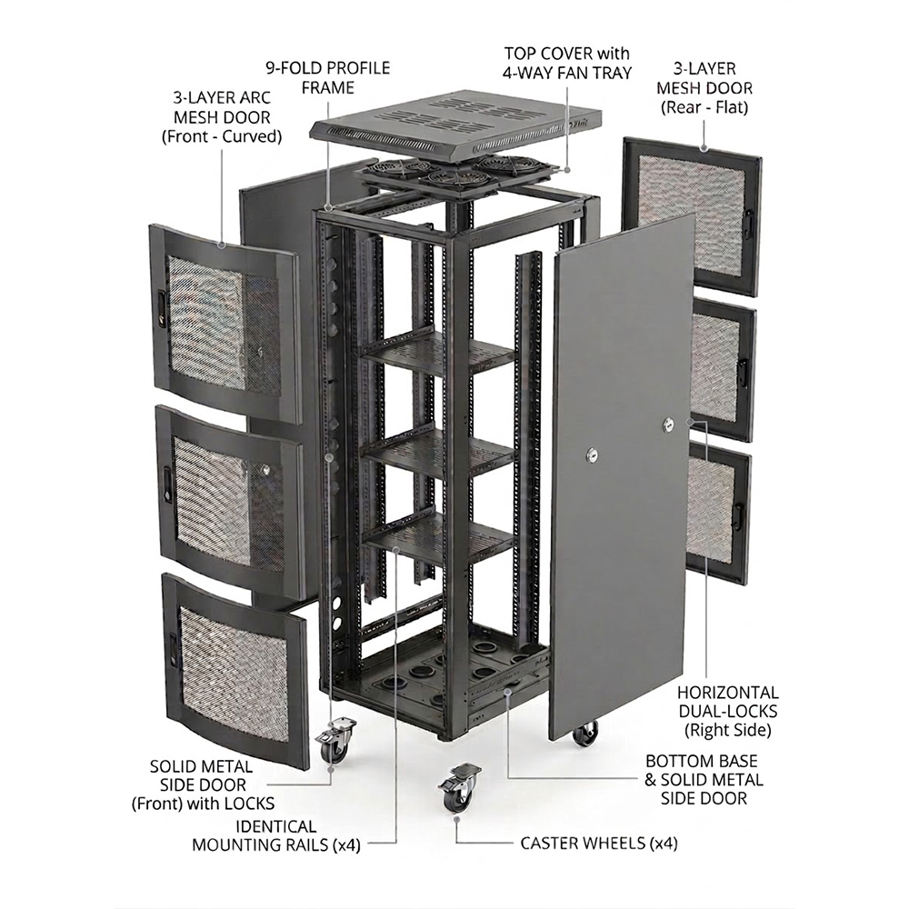 Armoire rack serveur 42U à 3 compartiments 800x1000 | Armoire réseau robuste à profil 9 volets avec portes grillagées ARC 