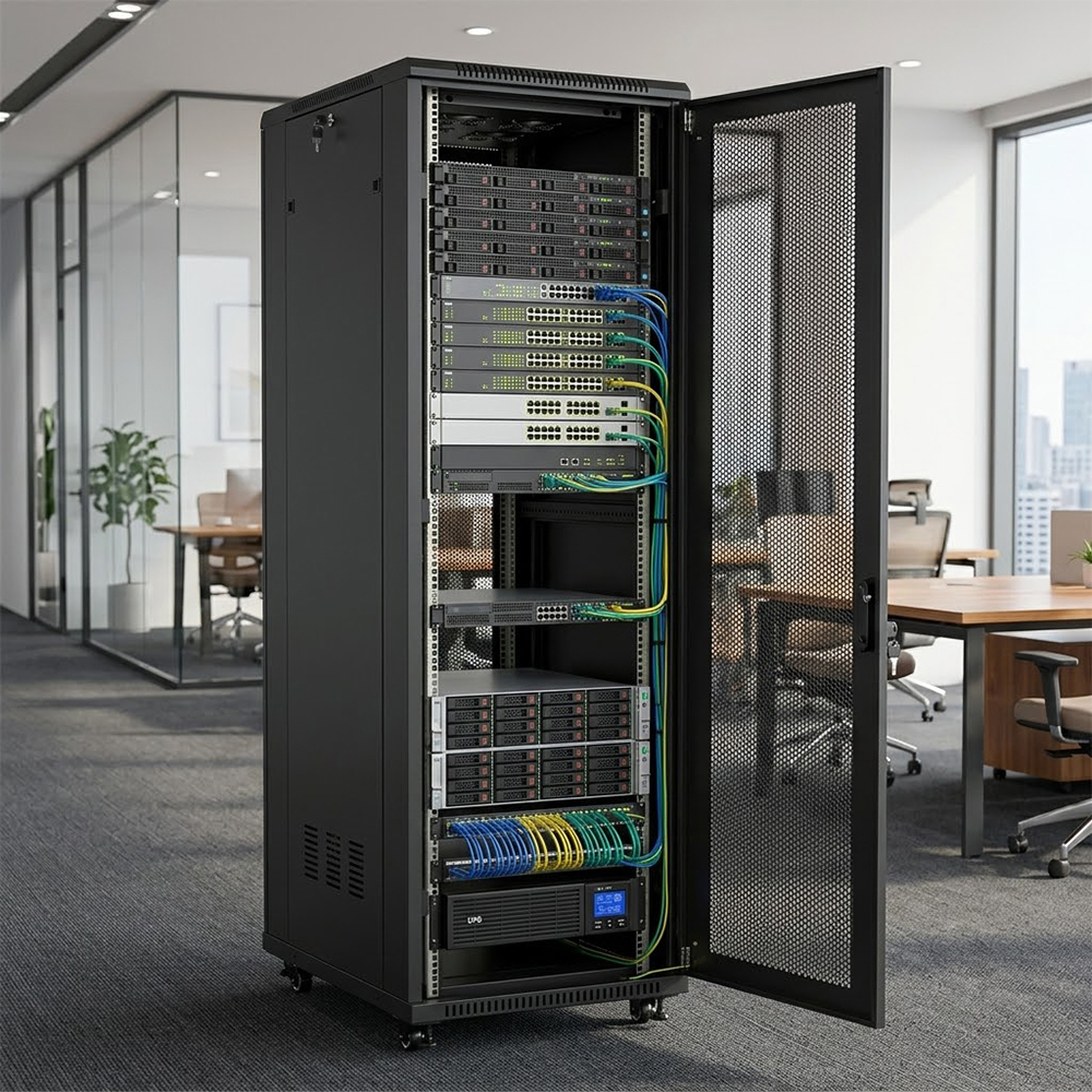 rack de serveur enti&egrave;rement &eacute;quip&eacute; de commutateurs