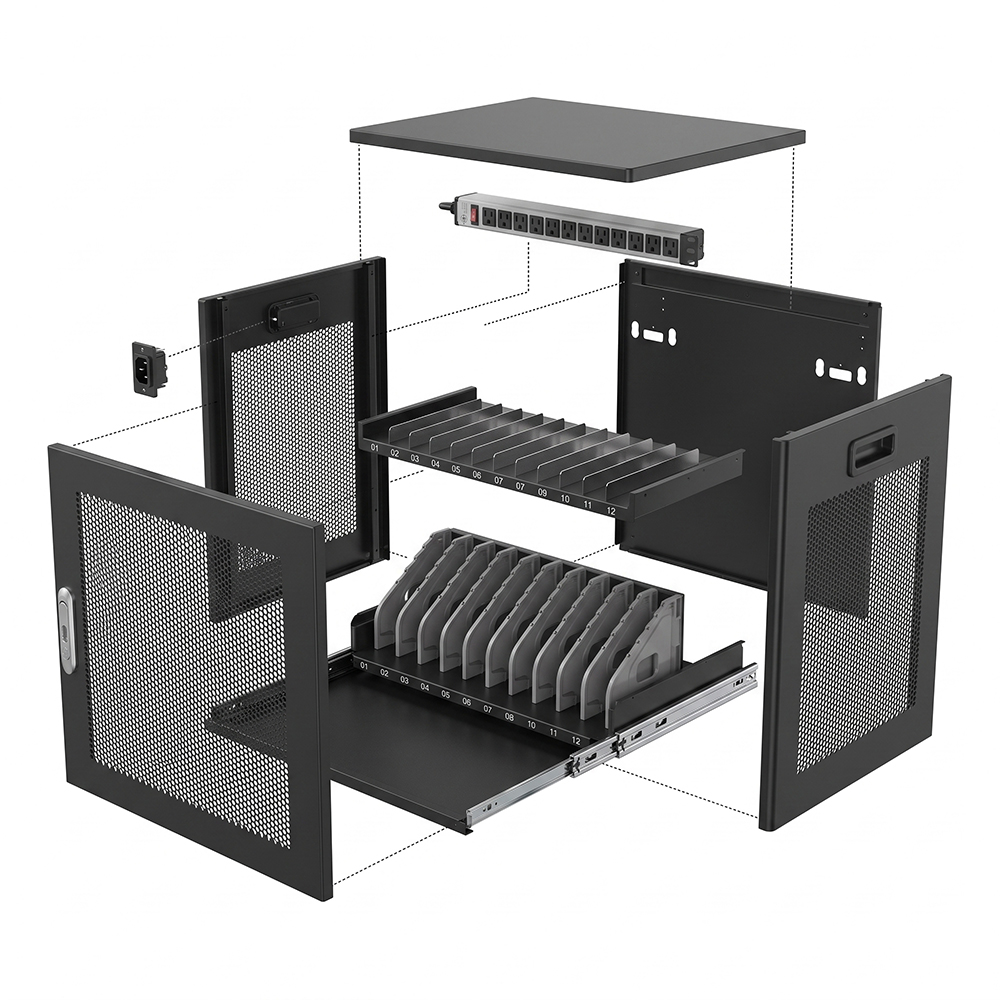 Armoire de chargement pour 12 appareils, taille mini pour ordinateur portable et Chromebook, 110/220 V AC | WebiT WB-CC-XS
