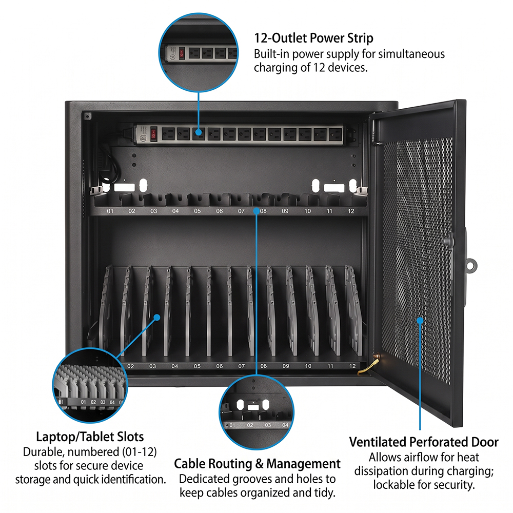 Armoire de chargement pour 12 appareils, taille mini pour ordinateur portable et Chromebook, 110/220 V AC | WebiT WB-CC-XS
